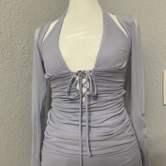 Y2K Style Whimsigoth Fairy Long Sleeve Ruched Mini Dress Purple Oh Polly Size 2 - Picture 2 of 8